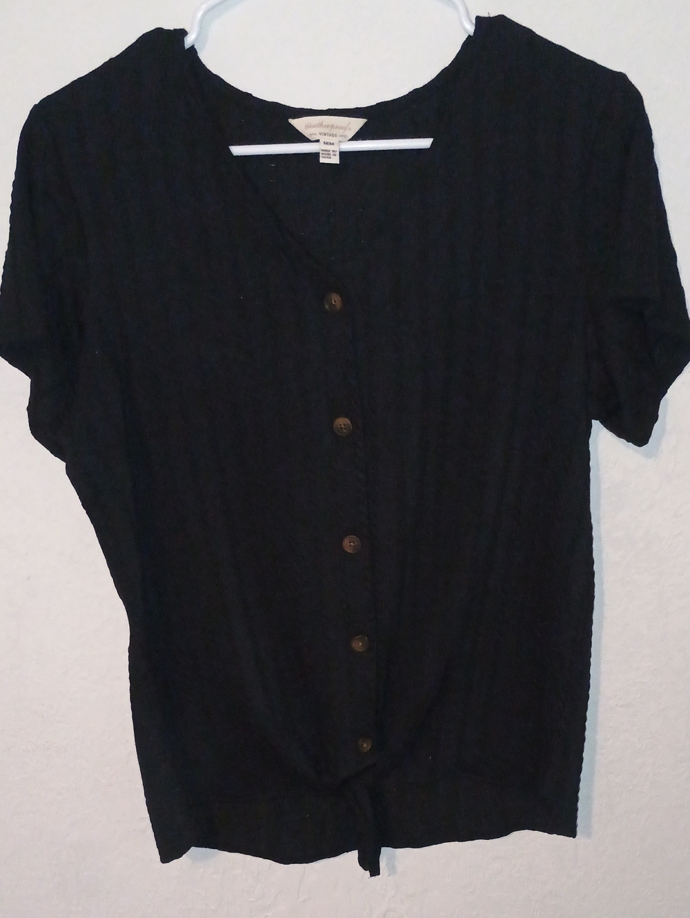 Weatherproof Black Short-Sleeve Button Down Tie-Hem Top